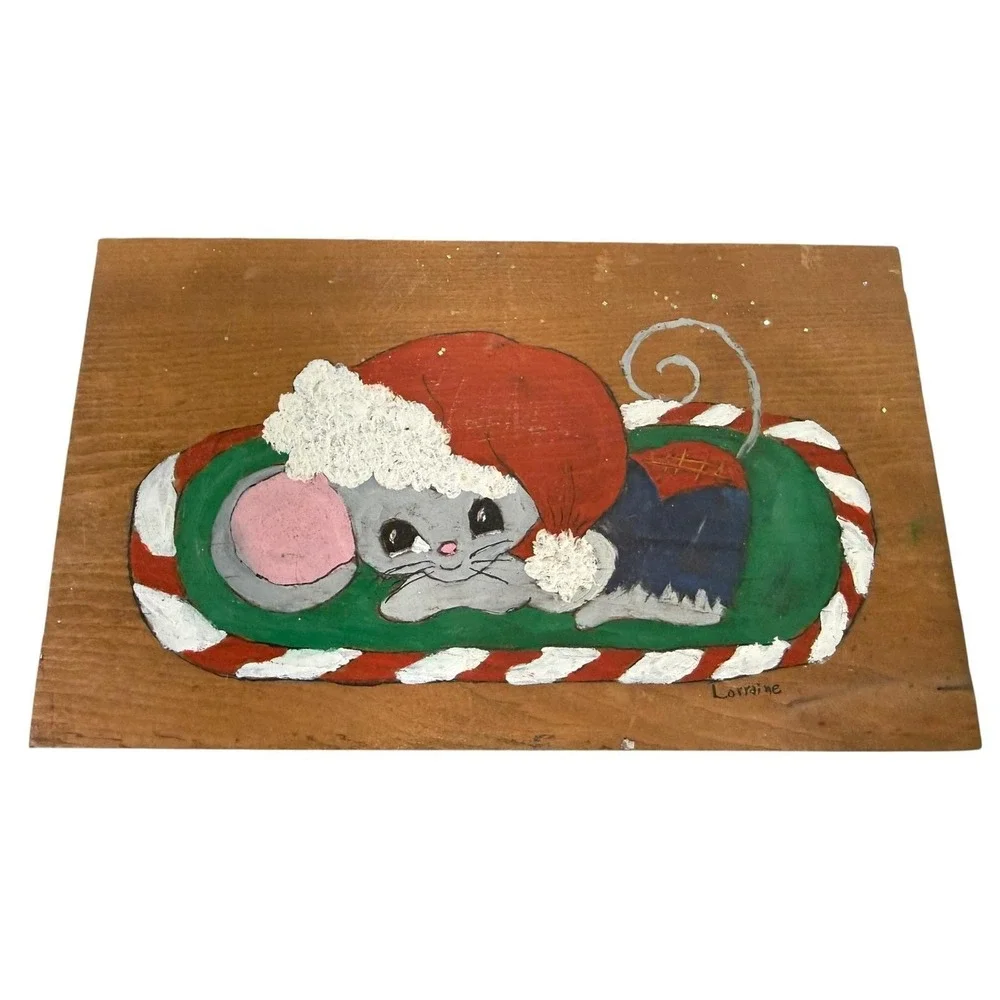 Hand Painted Christmas Mouse Wood Wall Hanging‎ Folk Art Merry Christmas Sign